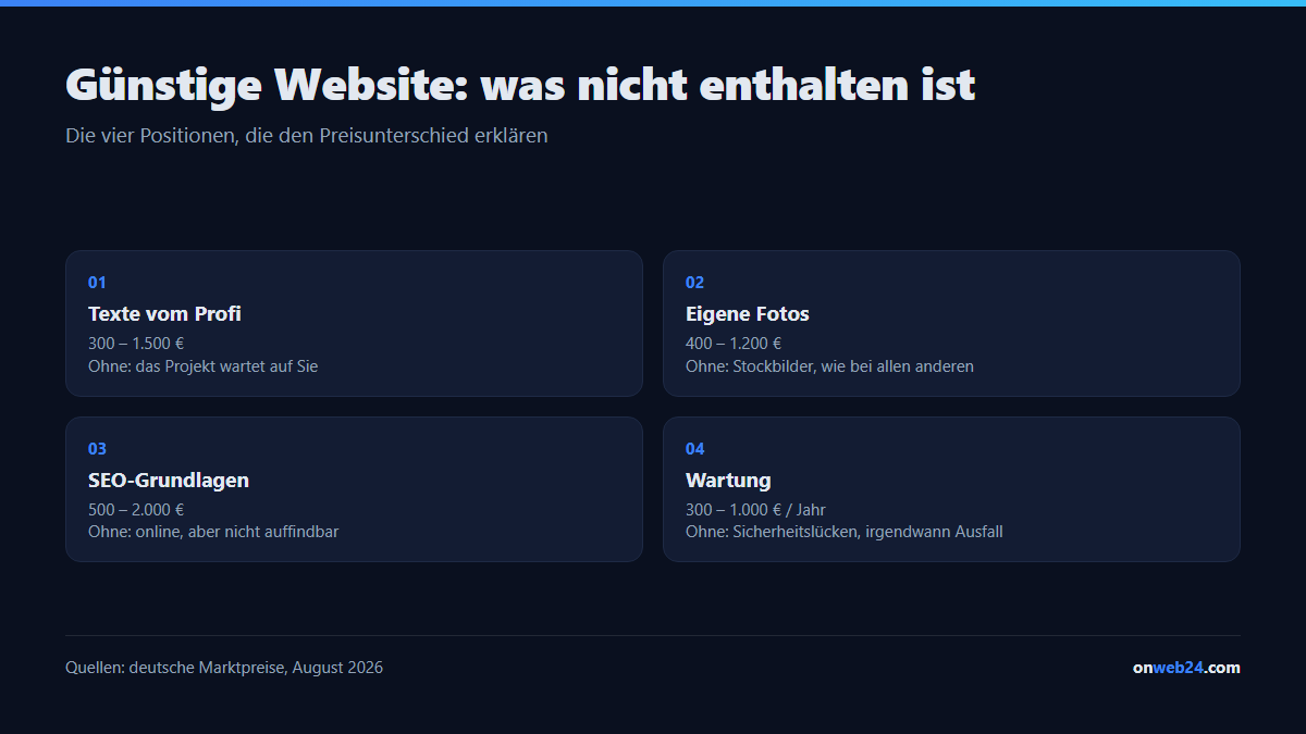 Was bei einer günstigen Website meist nicht enthalten ist: Texte, professionelle Fotos, SEO-Aufbau, Wartung und Updates